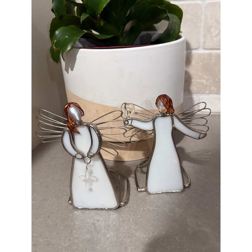 Stained Glass Angel Figurines Set of 2 White Silver Wire Heart Cross Religious